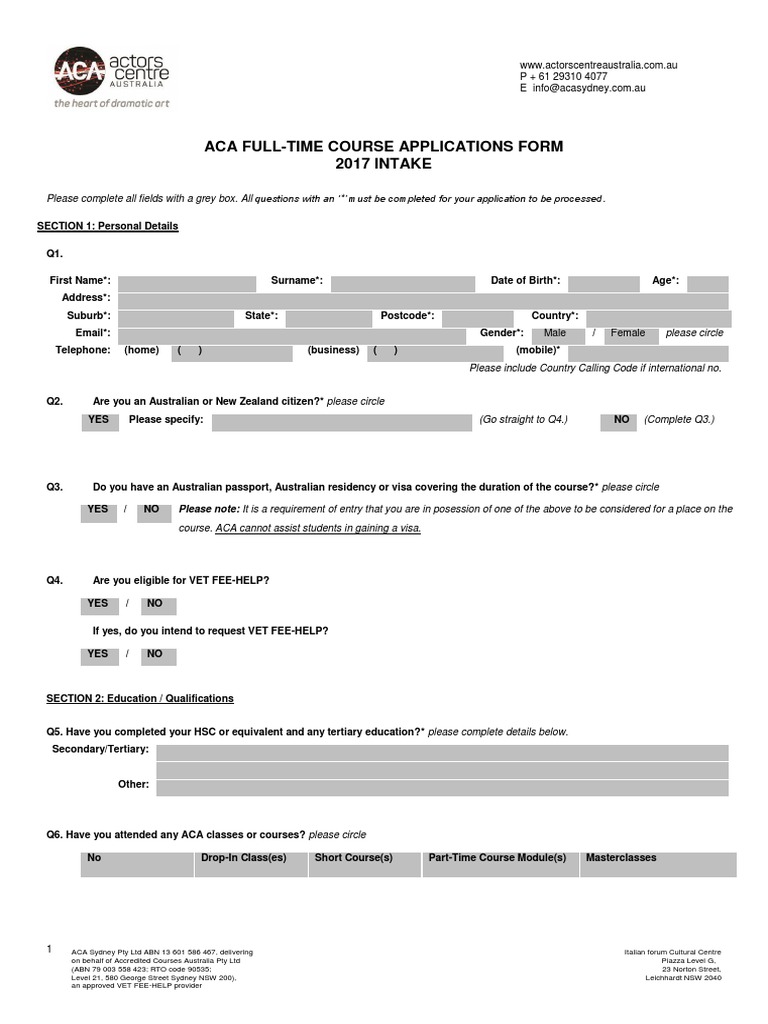 Aca Full-Time Course Applications Form 2017 INTAKE | PDF | Audition ...