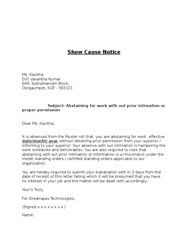 Show Cause Notice for Unauthorized Absence | PDF | Career & Growth