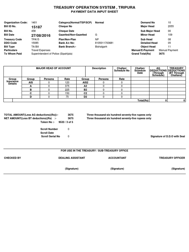 Tripura Treasury Payment Input Sheet | PDF | Finance & Money Management