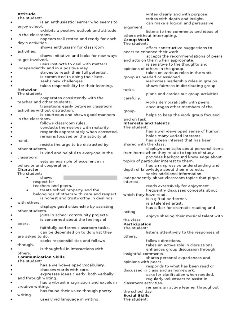 Teacher's Comment On The Report Card PDF Homework Classroom