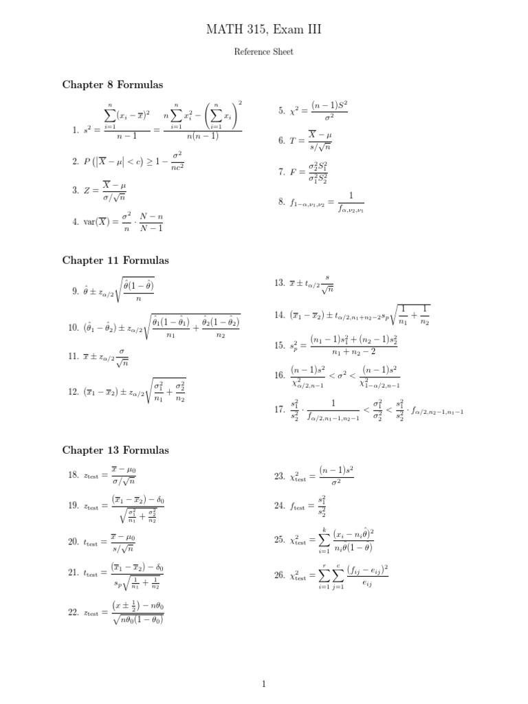 MATH 315, Exam III: Chapter 8 Formulas | PDF