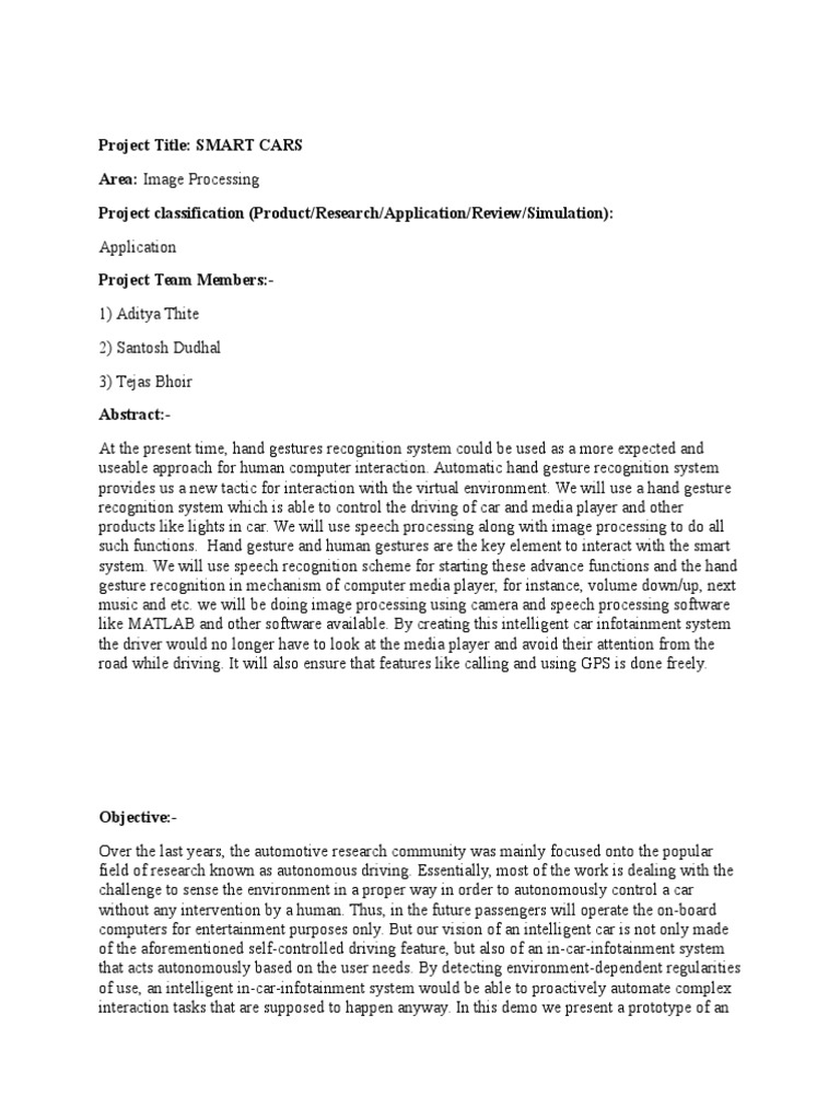 Project Title SMART CARS Area Image Processing Project Classification