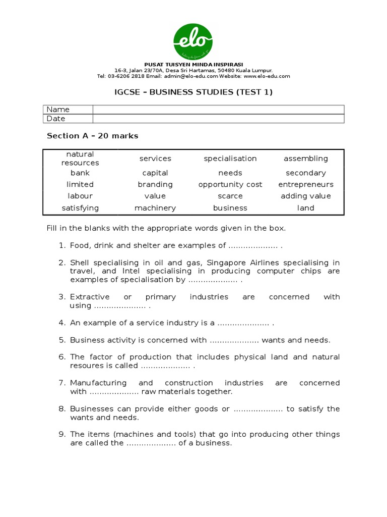 IGCSE Business Studies Test 1 PDF Profit (Accounting) Tertiary Sector Of The Economy