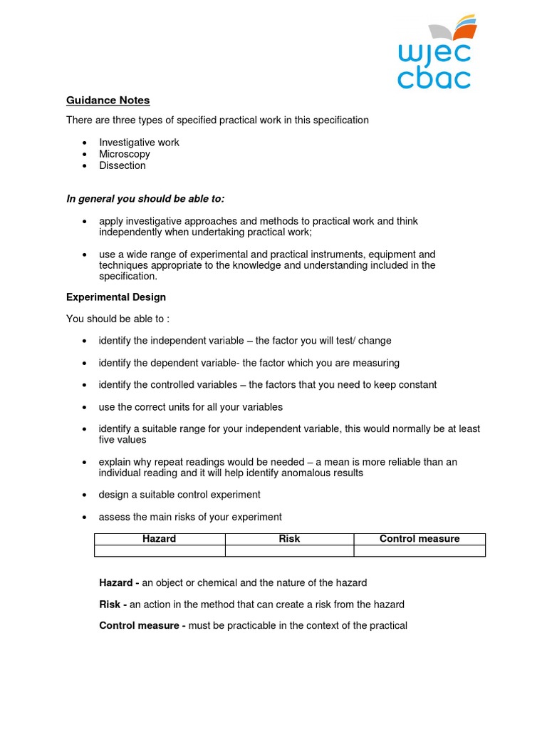 Practical Work Guidelines for Biology | PDF | Experiment | Risk