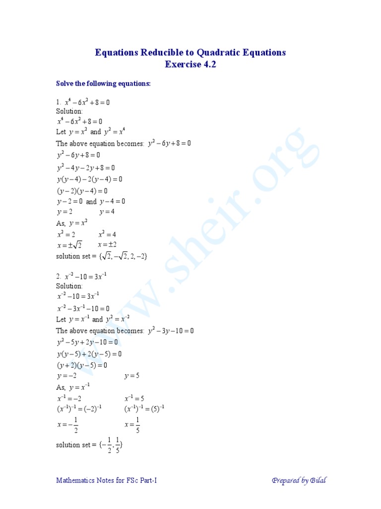 4 2 Equations Reducible To Quadratic Equations Pdf Quadratic Equation Equations