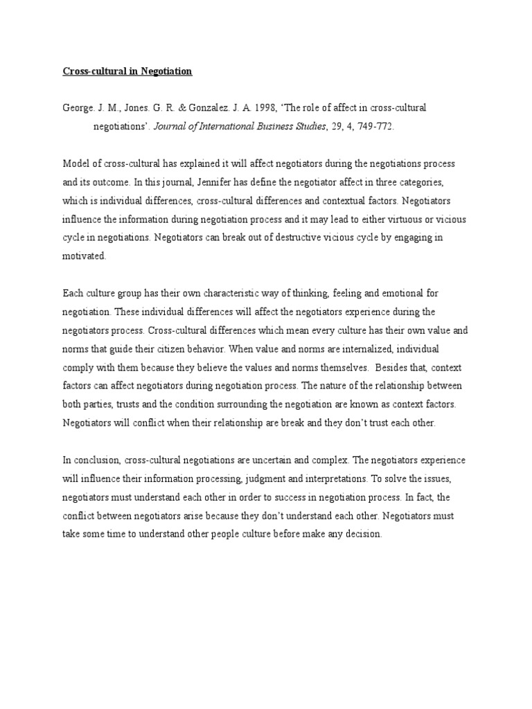Cross Culture In Negotiation Pdf Negotiation Norm Social