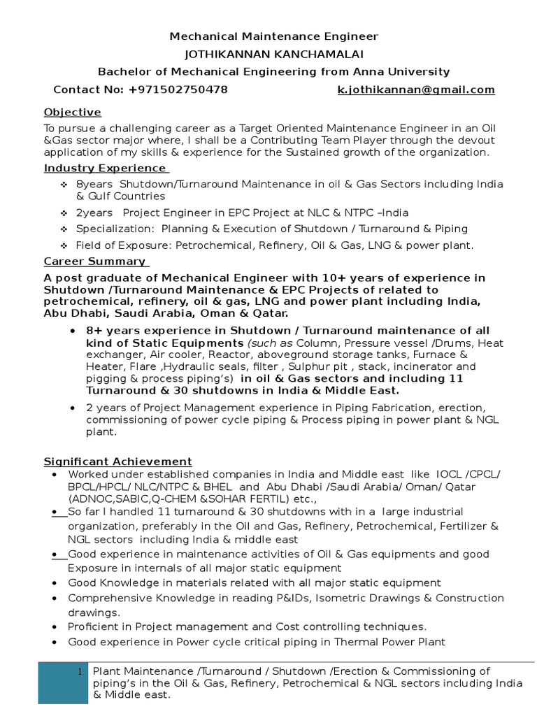 A Comprehensive Resume for a Mechanical Maintenance Engineer with ...