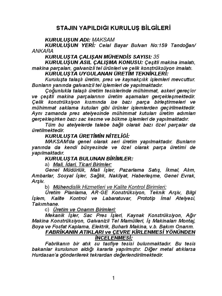 (A305) Fabrika Organizasyon Staj Defteri (MAKSAM) | PDF