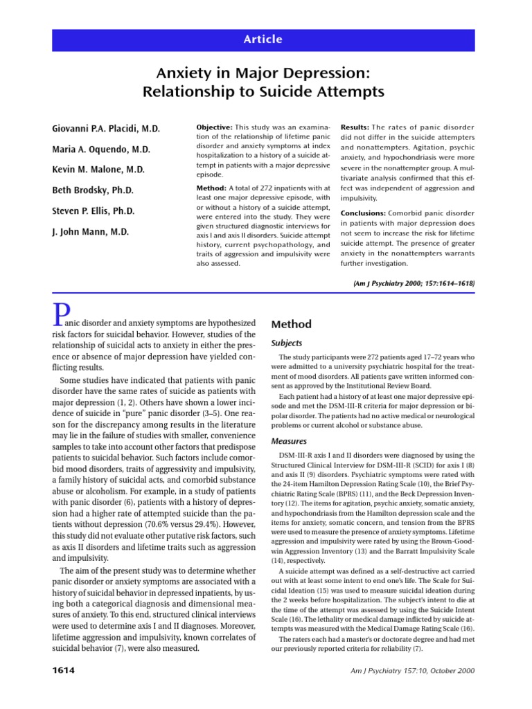 Anxiety and Suicide in Major Depression | PDF | Major Depressive ...
