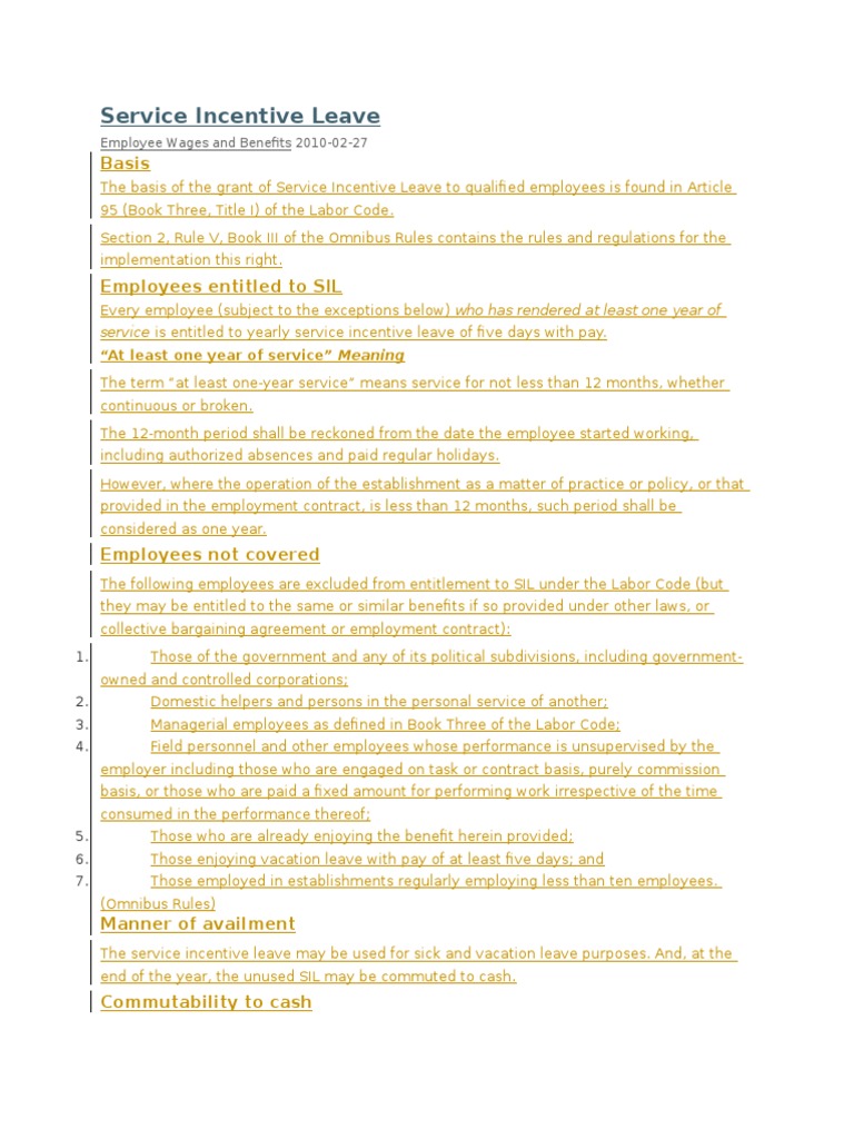 Service Incentive Leave | PDF | Employment | Labour Law