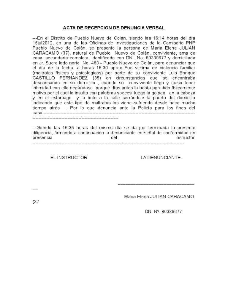 Acta de Denuncia Verbal Violencia Familiar Violencia doméstica Violencia