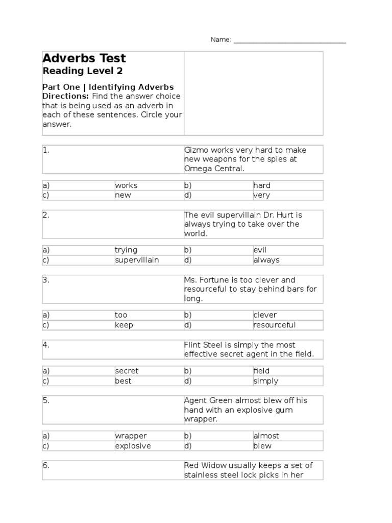 Worksheet Identifying Adverbs adverbs test reading level 02 copy 11 adjective adverb
