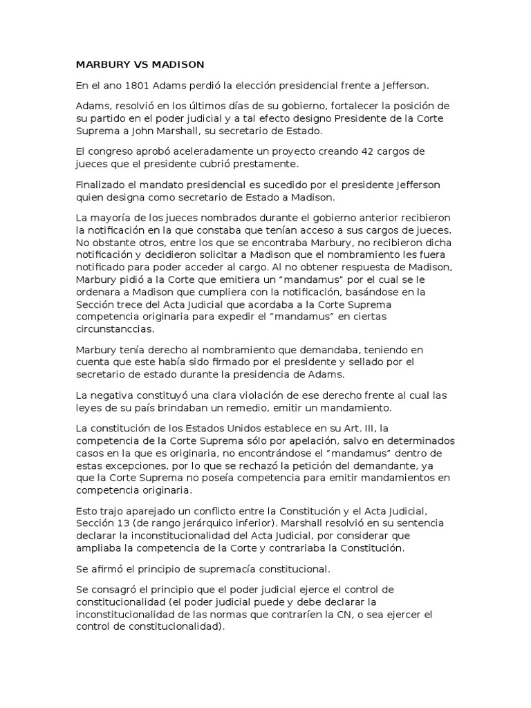 Resumen Marbury Vs Madison | PDF | James Madison | Presidentes de los ...