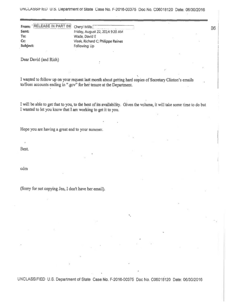 Cheryl Mills - Heather Samuelson Email Correspondence Part 1 | PDF
