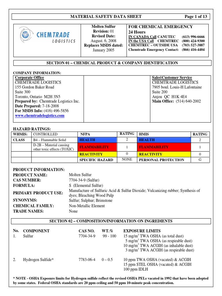 Molten Sulfur Sulfur Dangerous Goods
