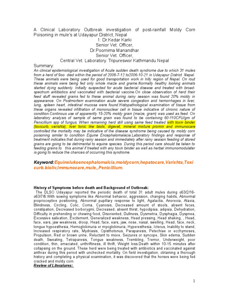 Clinical-Laboratory Investigation of Moldy Corn Poisoning in Mule ...
