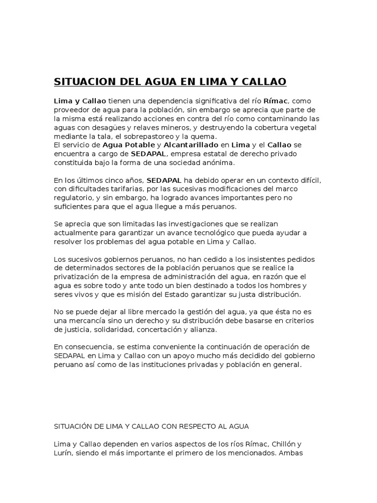 Situación y Perspectivas Del Agua en Lima y Callao | PDF | Lima | Agua