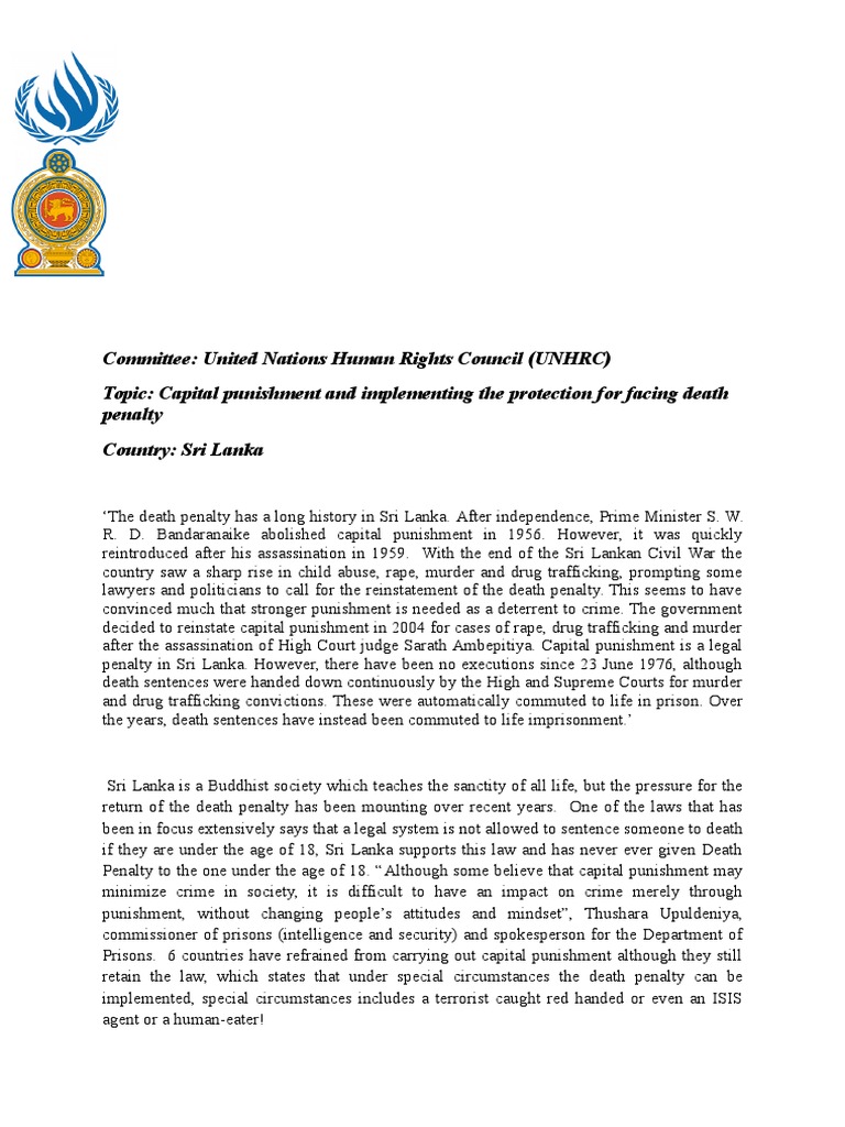 Model United Nations Position Paper Sri Lanka Capital Punishment And Implementing The Protection For Facing Death Penalty Life Imprisonment Capital Punishment
