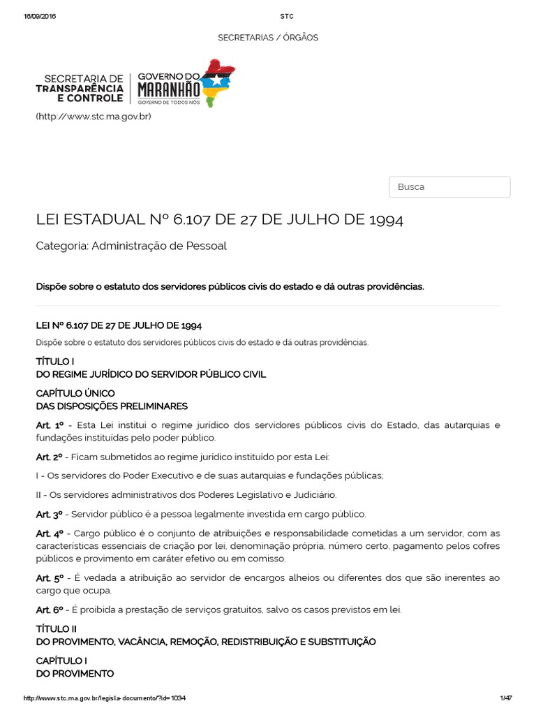 Lei 6107 94 Estatuto Dos Servidores Públicos Estaduais - Dicas de Lei