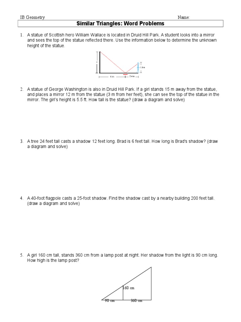 Similar Triangle Word Problems Shadow Triangle