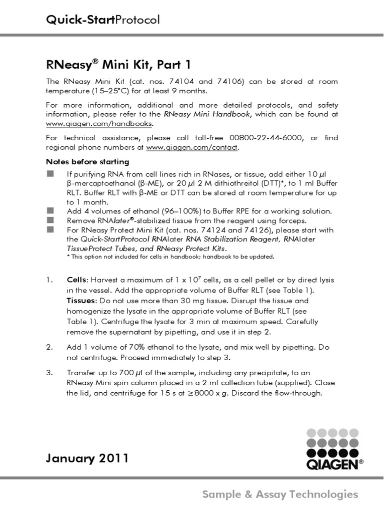 Rneasy Mini Kit Part 1 En Qiagen Lysis