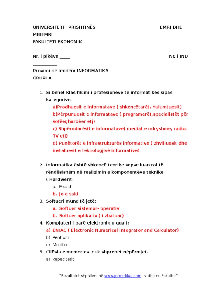 Provim Ne Informatik Vehbi Rama | PDF