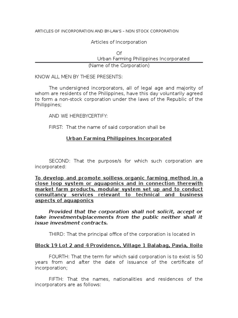 Articles of Incorporation and by Laws Non Stock Corporation By Law