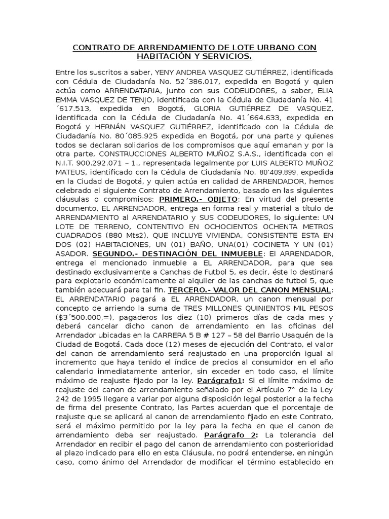 Contrato de Arrendamiento de Lote Urbano Con Habitación y