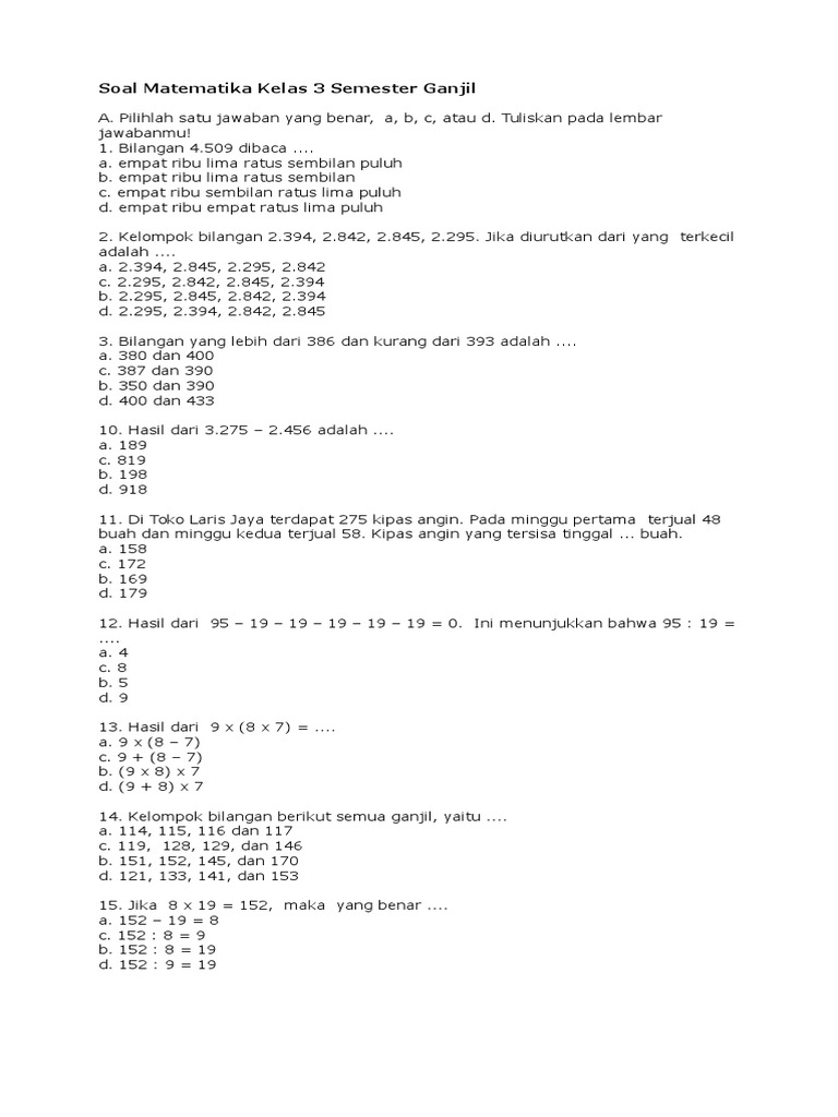Soal Matematika Kelas 3 Semester 1 | PDF | Metode & Bahan Ajar | Griya ...