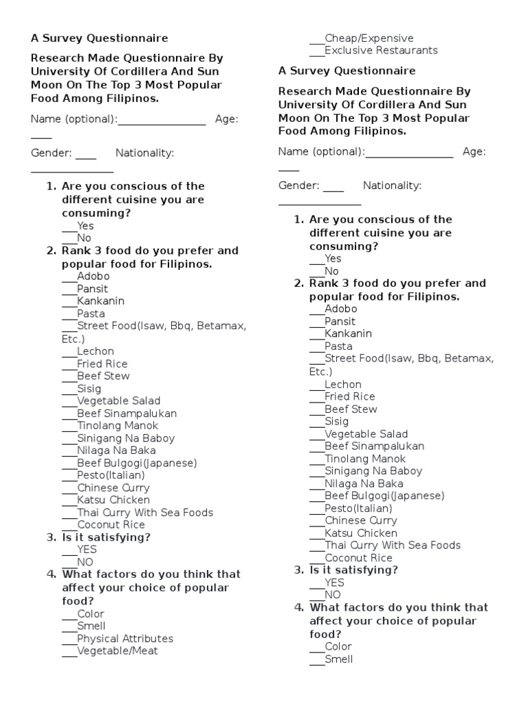 A Survey Questionnaire of Filipino Food PDF