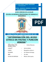 Prac 5 BQ1 PRÁCTICA DE LABORATORIO #05 'DETERMINACIÓN DEL ÁCIDO CÍTRICO EN FRUTAS Y PUNCIÓN VENOSA''