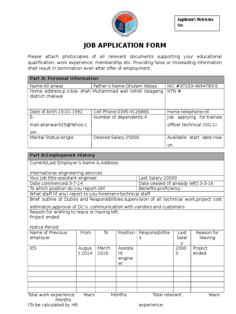 Assistant Engineer Job Application Form | PDF | Labour | Business