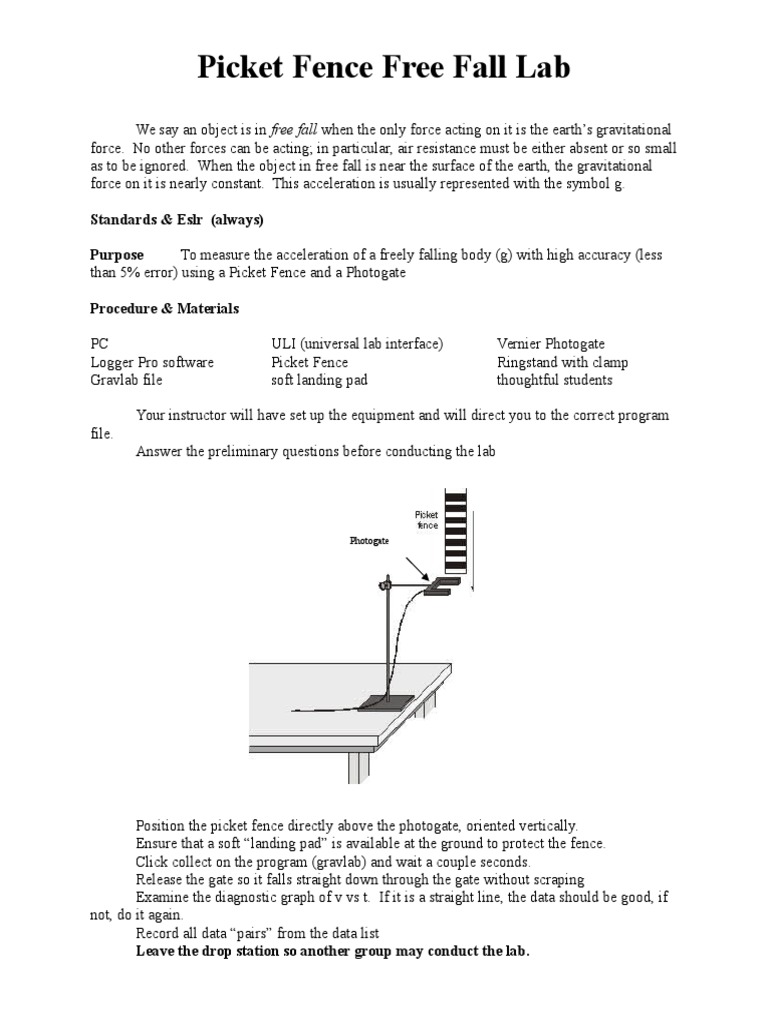 Picket Fence Free Fall Lab Guide | PDF | Velocity | Acceleration