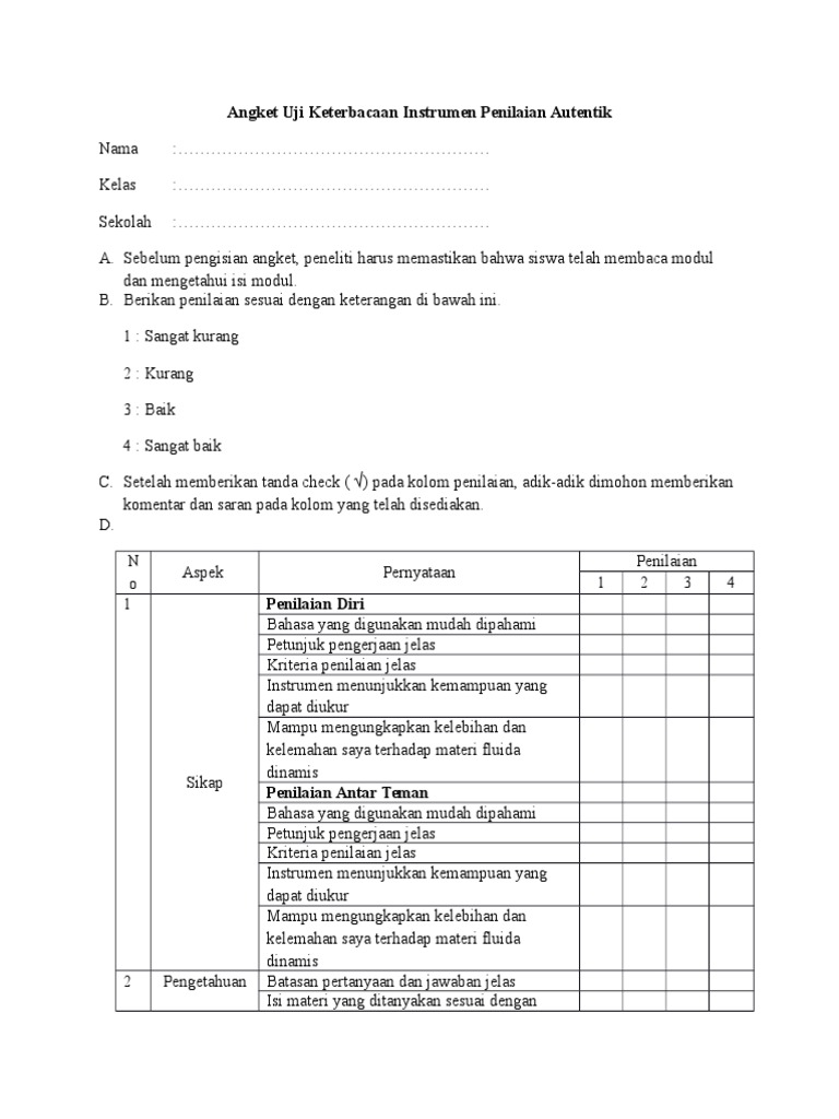 Angket Uji Keterbacaan Instrumen Penilaian Autentik