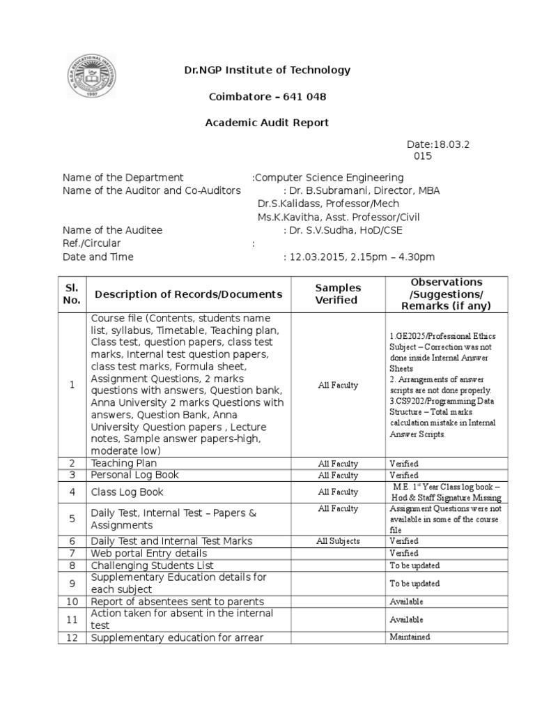CSE Academic Audit Report 2015 | PDF | Laboratories | Further Education