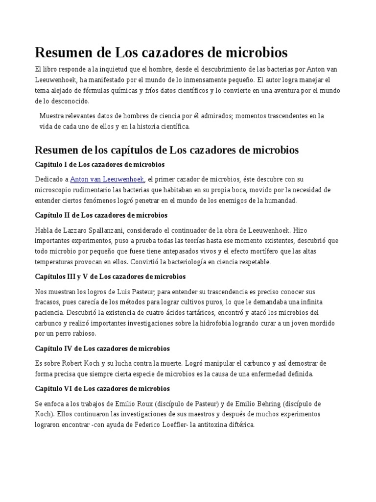 Resumen Cazadores de Microbios | PDF | Luis Pasteur | Microorganismo