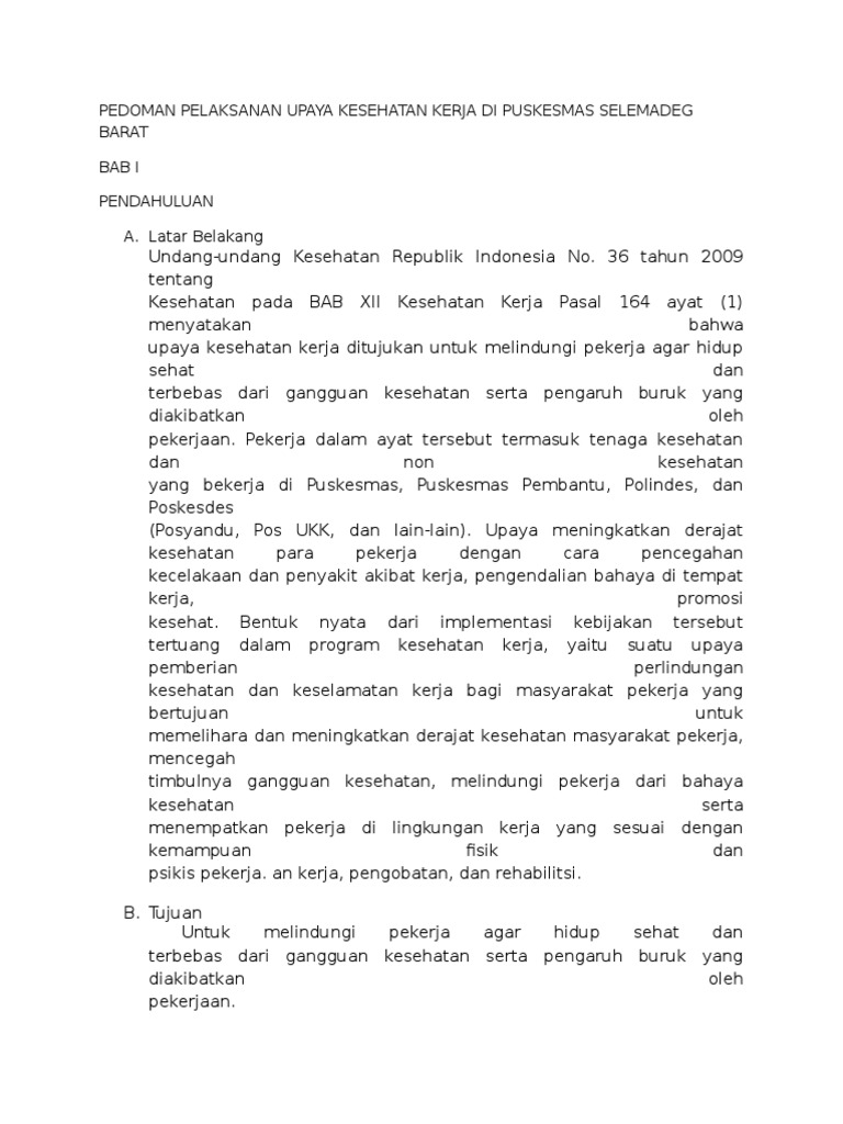 Pedoman Pelaksanan Upaya Kesehatan Kerja Di Puskesmas