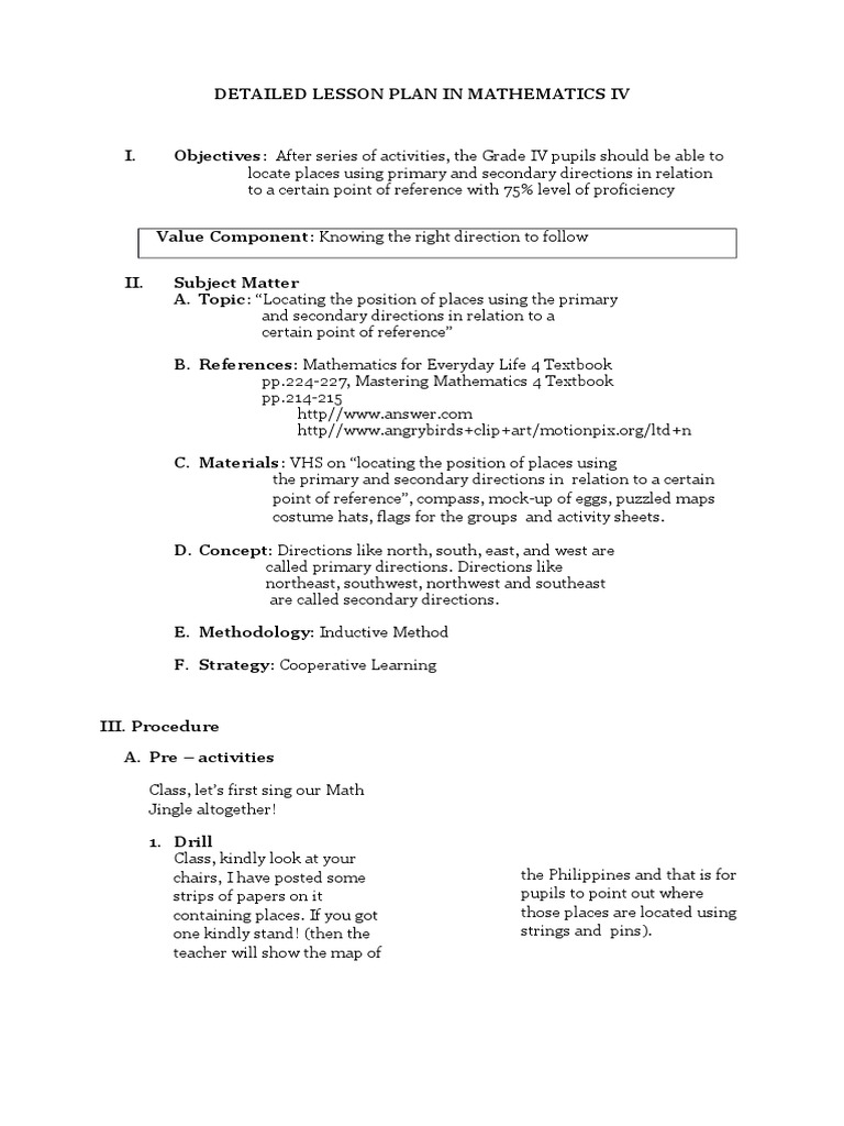 Grade IV Math: Directions Lesson Plan | PDF | Subtraction | Teaching ...