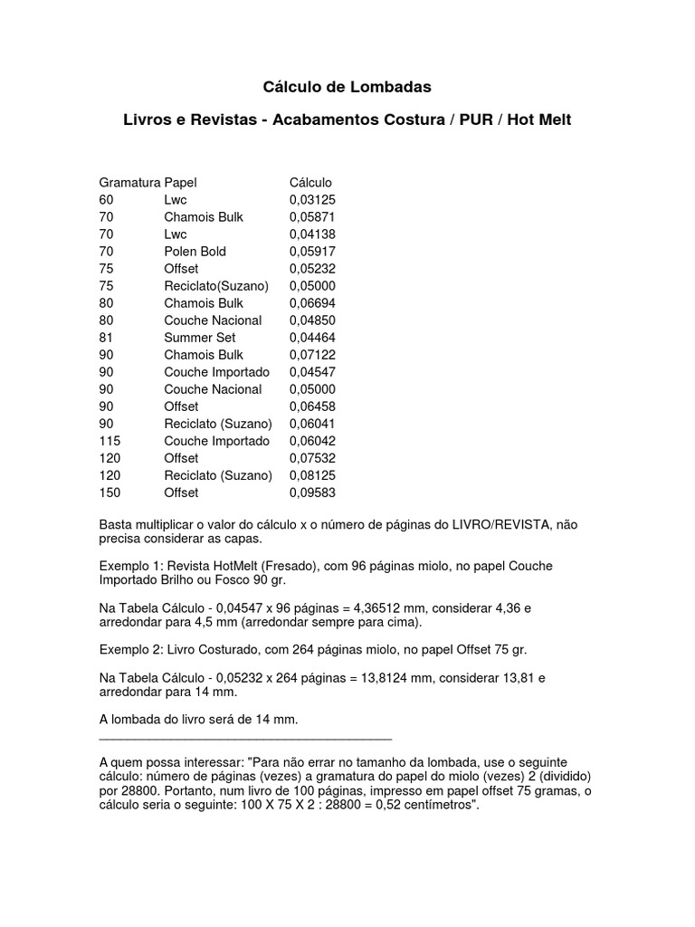 Cálculo de Lombadas para Livros | PDF