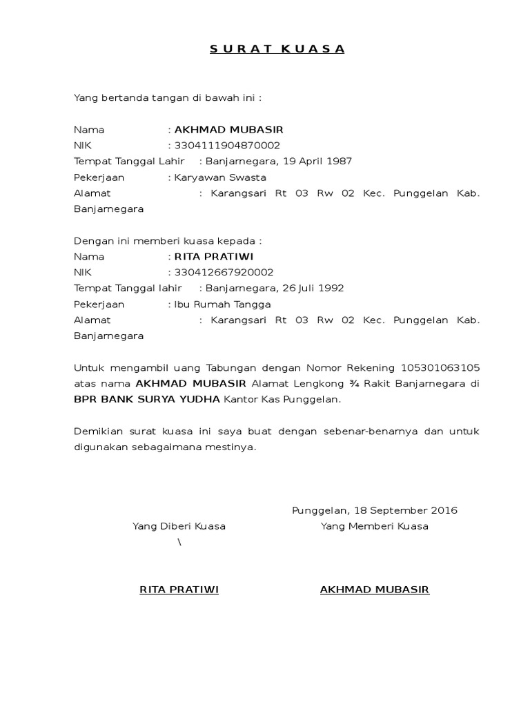 Surat Kuasa Pengambilan Uang Bri