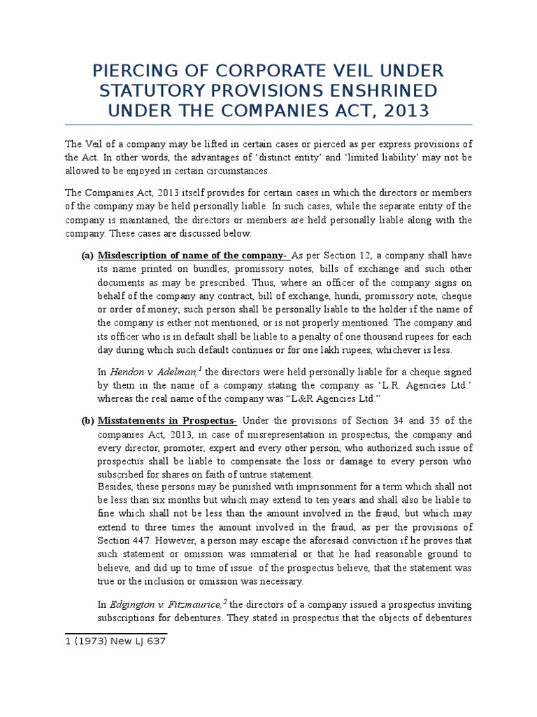 Piercing The Corporate Veil An Analysis Of Statutory Provisions In The