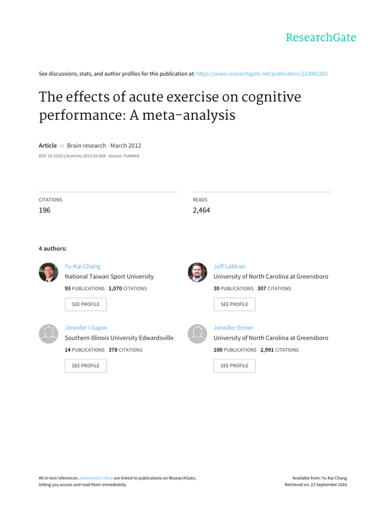 The Effects of Acute Exercise On Cognitive Performance: A Meta-Analysis ...