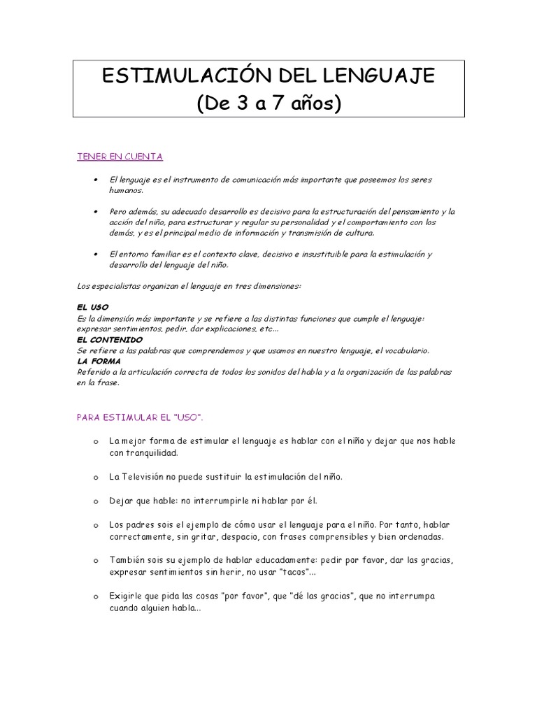 Actividades para Estimular el Lenguaje Infantil | PDF | Aquisición de ...