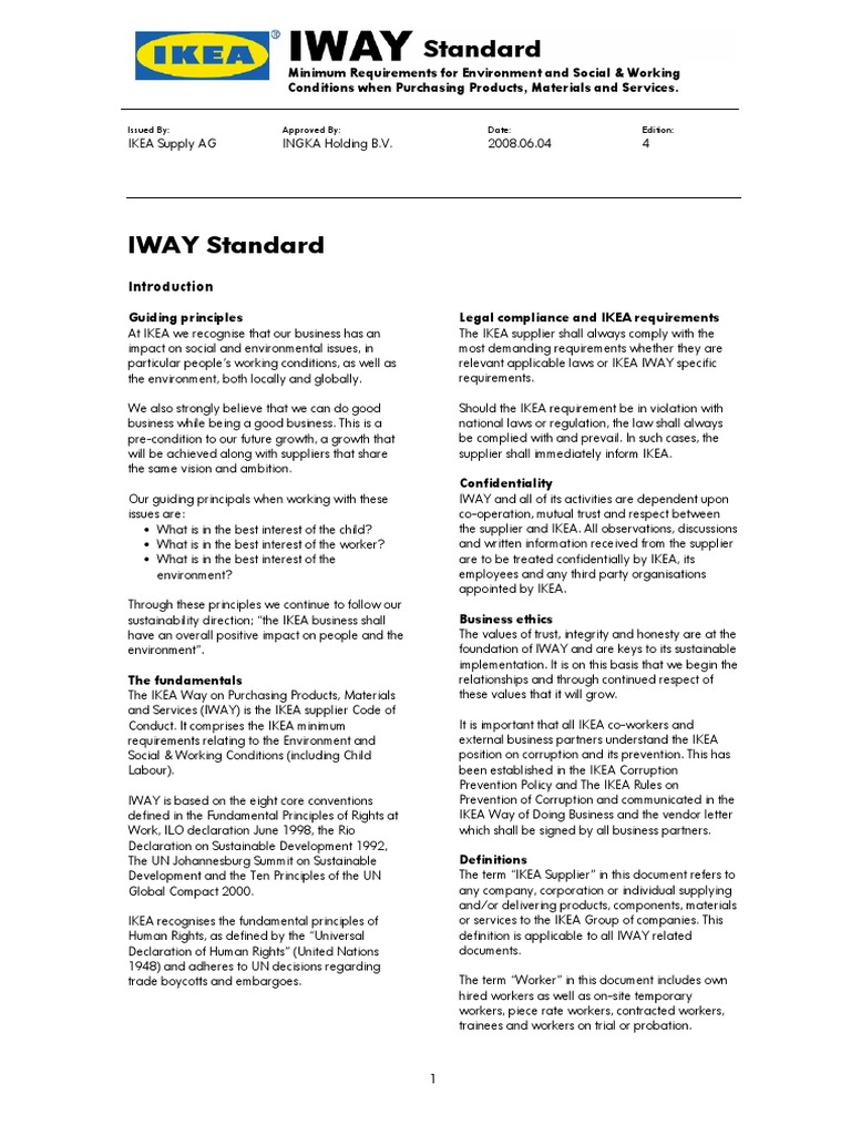 Ikea Code of Conduct IWAY PDF Personal Protective Equipment Overtime