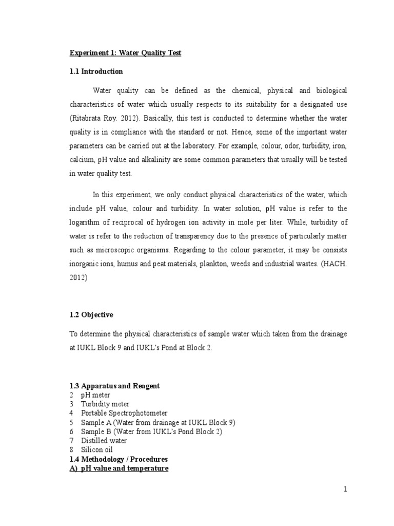 Report 1 Water Quality Test TTS 301115 Finished PDF Water Quality Ph