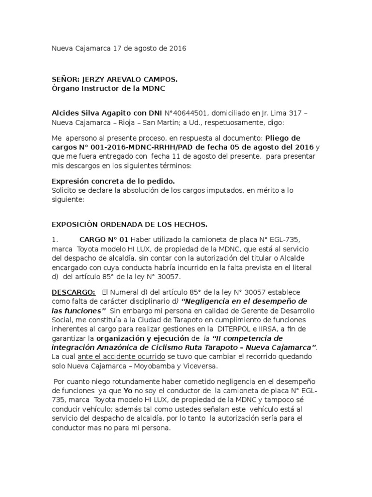 Modelo de respuesta al pliego de cargos