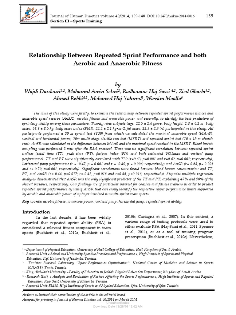 ..Relationship Between Repeated Sprint Performance and Both | PDF ...
