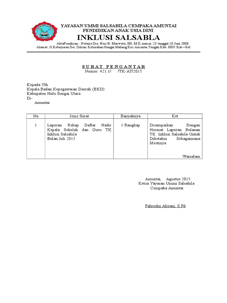 Surat Pengantar Lap Bulanan