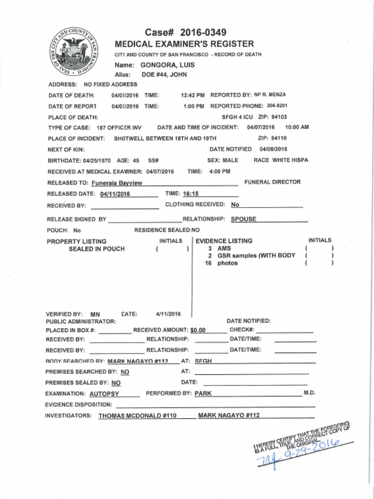 S.F. Medical Examiner's Report: Luis Gongora | PDF