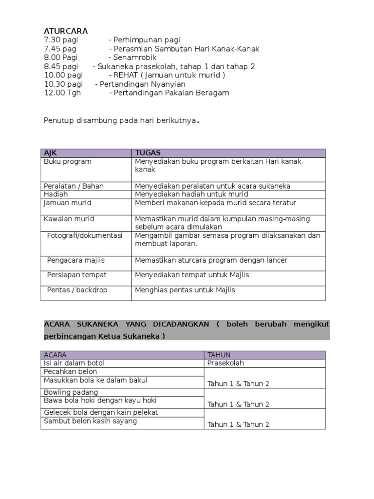 Aturcara Sambutan Hari Kanak-Kanak | PDF